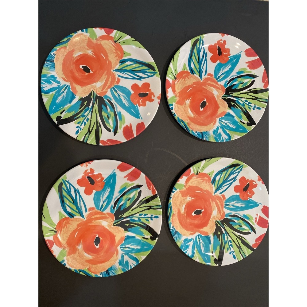 4 Nicole Miller Melamine Salad Plates 9" Bright Tropical Flowers Picnic Outdoors